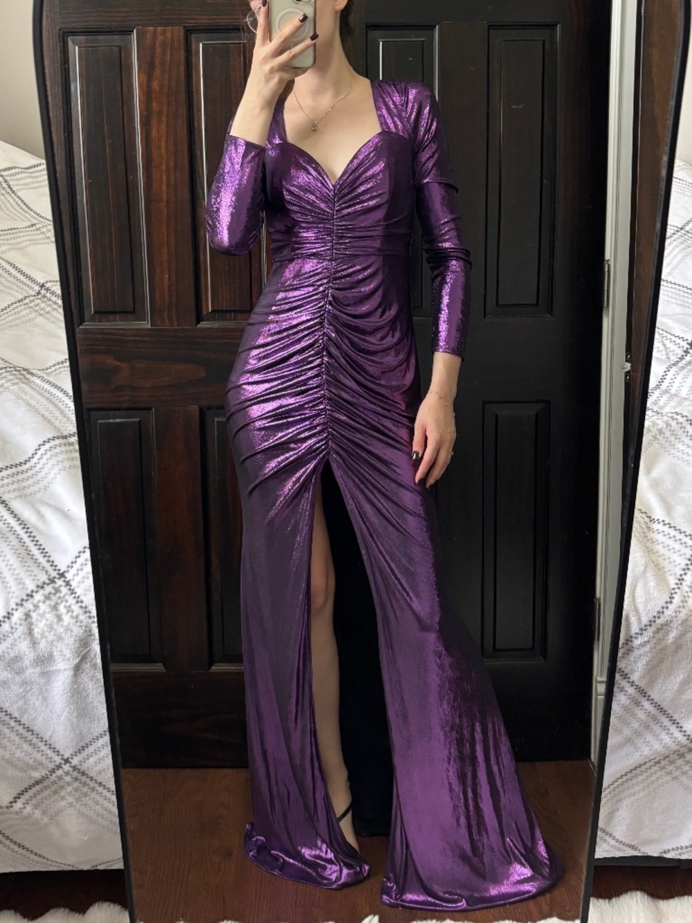Maniju Women's M Purple Metallic Ruched Long Sleeve Maxi Evening Dress NWT